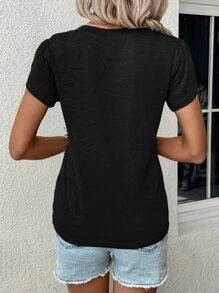 SHEIN LUNE 花瓣袖V領T恤 - 黑色 - 查看 2