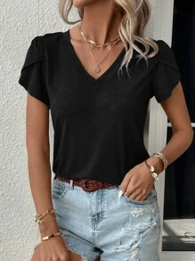 SHEIN LUNE 花瓣袖V領T恤 - 黑色 - 查看 4