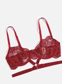ROMWE Kawaii Floral Lace Cut Out Underwire Lingerie Set - Burgundy - View 3