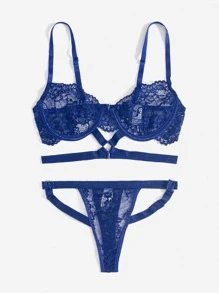 ROMWE Floral Lace Cut Out Lingerie Set - Blue - View 2