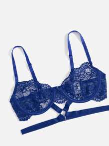 ROMWE Floral Lace Cut Out Lingerie Set - Blue - View 3