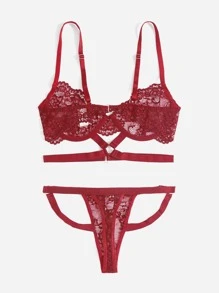 ROMWE Kawaii Floral Lace Cut Out Underwire Lingerie Set - Burgundy - View 5