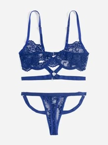ROMWE Floral Lace Cut Out Lingerie Set - Blue - View 5