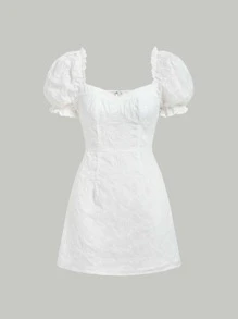 SHEIN MOD Đầm viền lá sen Dây kéo Tranh thêu màu trơn Giải trí - trắng - Xem 1