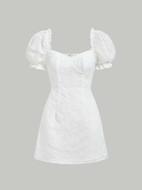 SHEIN MOD Sweetheart Neck Puff Sleeve Schiffy Dress,White Graduation Dress
