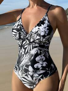 Tropical Print One Piece Swimsuit - Black and White - View 4