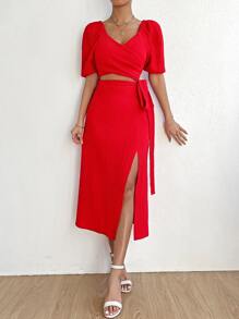 Chiquease Puff Sleeve Cut Out Knot Side Split Thigh Dress - Red - View 4