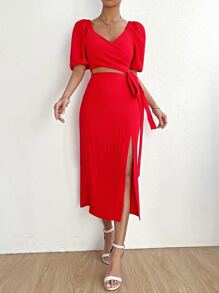 Chiquease Puff Sleeve Cut Out Knot Side Split Thigh Dress - Red - View 6