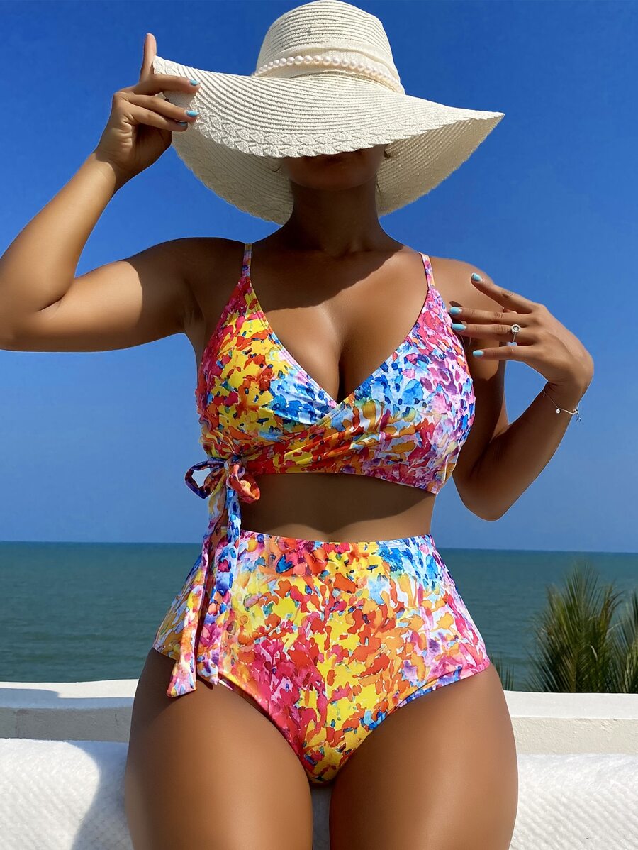 Allover Print Knot Side Summer Beach Bikini Set - Multicolor - View 1