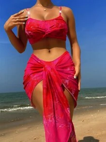 扭結前綁染夏日沙灘比基尼套裝及沙灘裙 - 玫紅色 - 查看 8