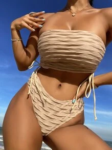 Drawstring Side Bandeau Bikini Set Summer Beach - Khaki - View 1