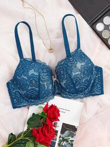 Plus Floral Lace Bow Front Push Up Bra - Navy Blue - View 1