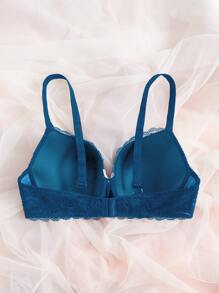 Plus Floral Lace Bow Front Push Up Bra - Navy Blue - View 2