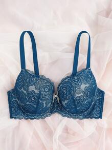Plus Floral Lace Bow Front Push Up Bra - Navy Blue - View 4