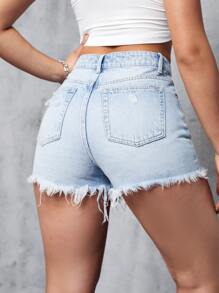 Ripped Raw Hem Denim Shorts - Light Wash - View 2