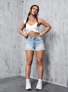 Ripped Raw Hem Denim Shorts - Light Wash - View 3