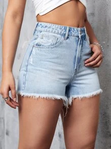 Ripped Raw Hem Denim Shorts - Light Wash - View 6