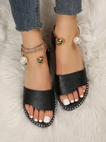 女士人造珍珠裝飾黑色簡約風帶露跟涼鞋,時尚露趾踝條平底涼鞋 - 黑色 - 查看 2