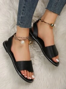 女士人造珍珠裝飾黑色簡約風帶露跟涼鞋,時尚露趾踝條平底涼鞋 - 黑色 - 查看 3