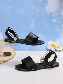 女士人造珍珠裝飾黑色簡約風帶露跟涼鞋,時尚露趾踝條平底涼鞋 - 黑色 - 查看 4