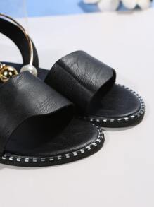 女士人造珍珠裝飾黑色簡約風帶露跟涼鞋,時尚露趾踝條平底涼鞋 - 黑色 - 查看 6