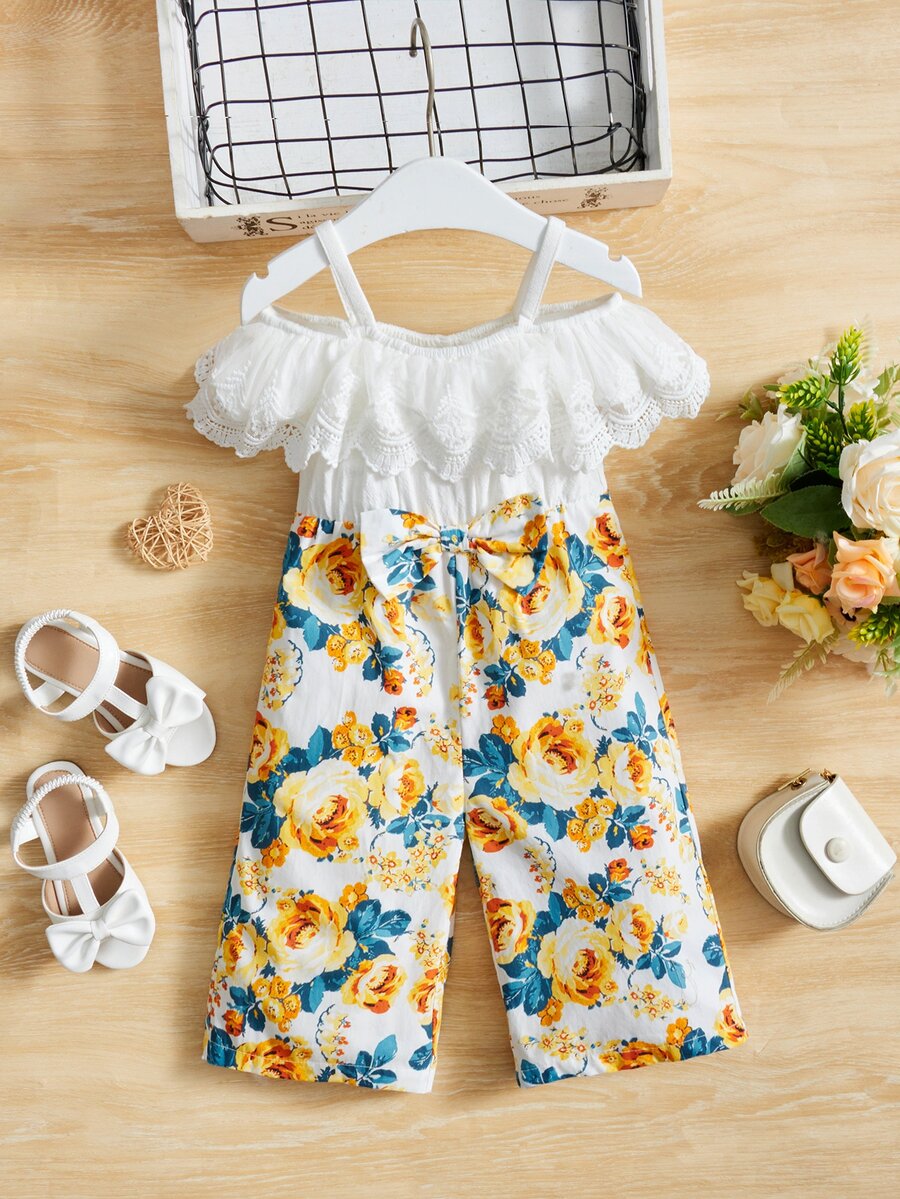 SHEIN Baby Floral Print Cold Shoulder Ruffle Trim Bow Front Jumpsuit - Multicolor - View 1