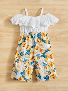 SHEIN Baby Floral Print Cold Shoulder Ruffle Trim Bow Front Jumpsuit - Multicolor - View 2