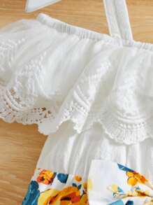 SHEIN Baby Floral Print Cold Shoulder Ruffle Trim Bow Front Jumpsuit - Multicolor - View 3