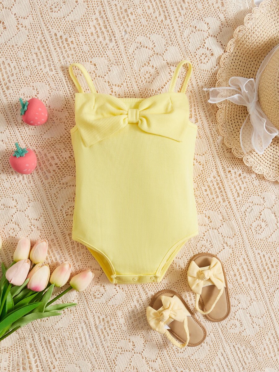 SHEIN Bodysuits Em bé Nơ Bướm Gân đan màu trơn - Màu vàng - Xem 1
