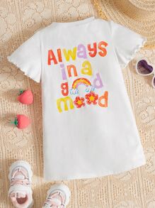 SHEIN Đầm em bé Xù nhỏ Hoa Slogan - trắng - Xem 2