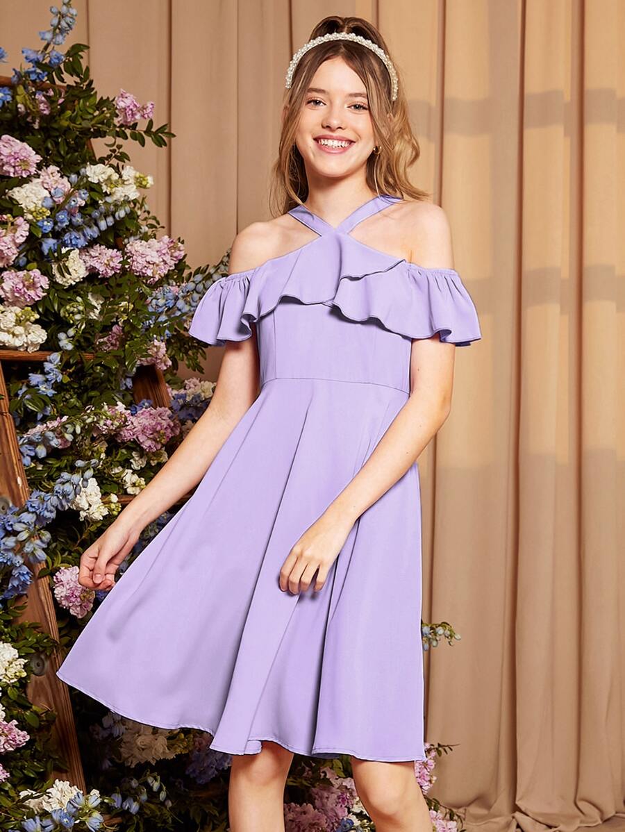 SHEIN Teen Girls Cold Shoulder Ruffle Trim Dress - Lilac Purple - View 1