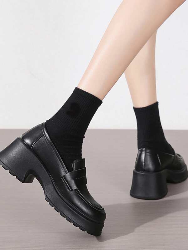 Preppy Black Loafer Shoes Women Stitch Detail Platform Wedge Shoes