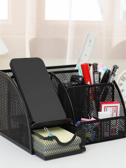 صندوق تنظيم درج المكتب قطعة واحدة، تصميم كلاسيكي من شبكية المعدن، حامل أقلام كبير، فضاء واسع متعدد الاستخدامات، لحفظ مستلزمات المكتب والمنزل والمدرسة باللون الأسود