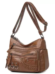 极简主义拉链流浪包 1 件钱包邮差手提包斜挎包多色肩带金色带扣宽肩带替换 - 棕色 - 查看 1