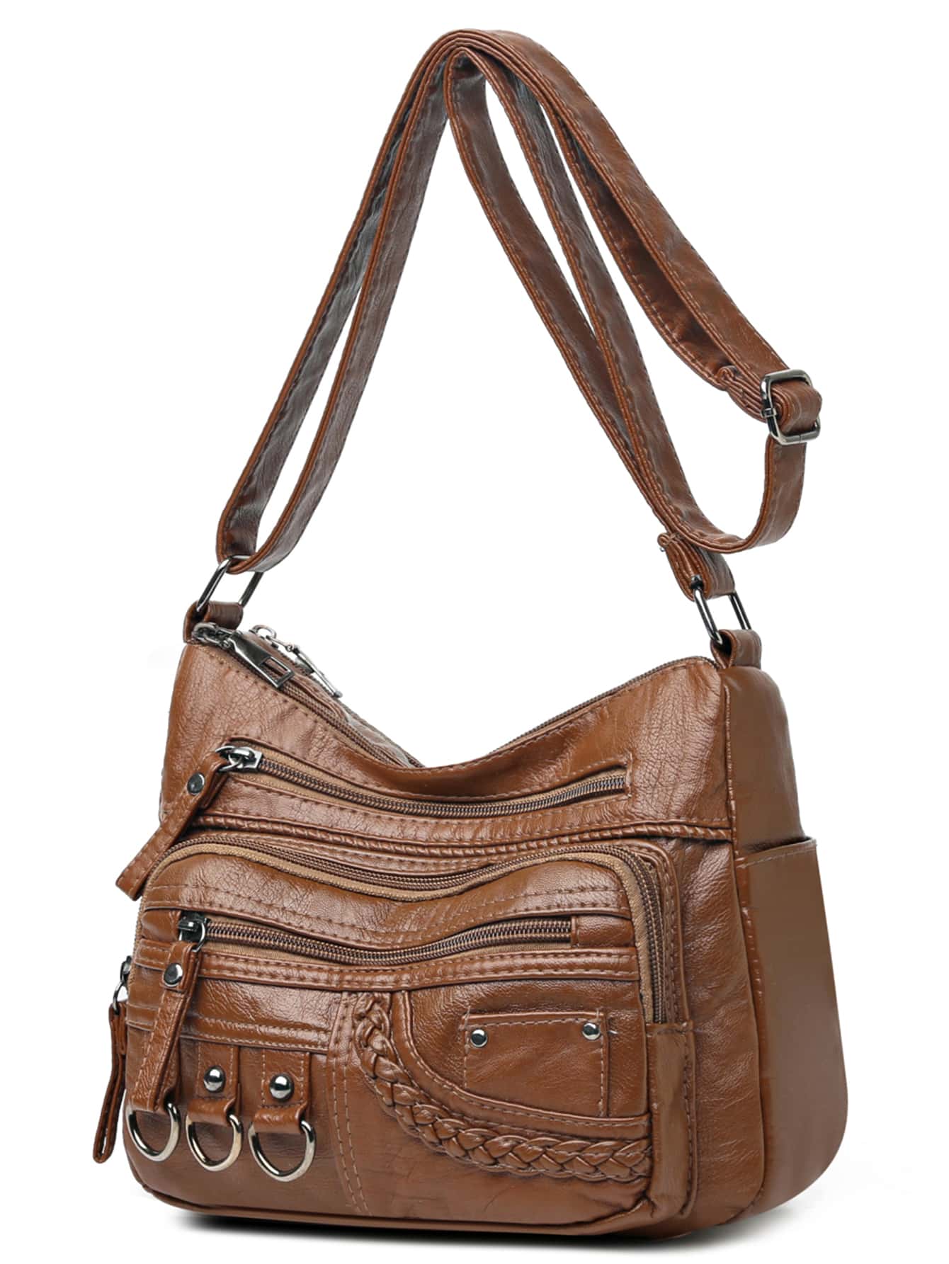 极简主义拉链流浪包 1 件钱包邮差手提包斜挎包多色肩带金色带扣宽肩带替换 - 棕色 - 查看 1