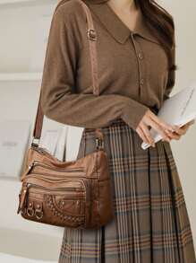 极简主义拉链流浪包 1 件钱包邮差手提包斜挎包多色肩带金色带扣宽肩带替换 - 棕色 - 查看 2