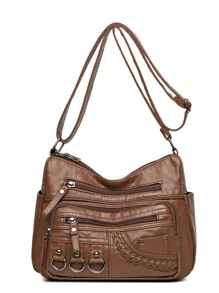 极简主义拉链流浪包 1 件钱包邮差手提包斜挎包多色肩带金色带扣宽肩带替换 - 棕色 - 查看 3