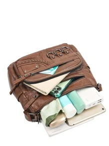 极简主义拉链流浪包 1 件钱包邮差手提包斜挎包多色肩带金色带扣宽肩带替换 - 棕色 - 查看 7