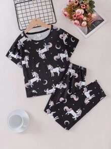 Conjunto de ropa de casa con estampado de unicornio para niñas preadolescentes - Negro - Ver 1