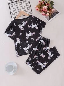 Conjunto de ropa de casa con estampado de unicornio para niñas preadolescentes - Negro - Ver 2