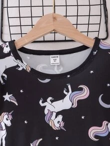 Conjunto de ropa de casa con estampado de unicornio para niñas preadolescentes - Negro - Ver 6