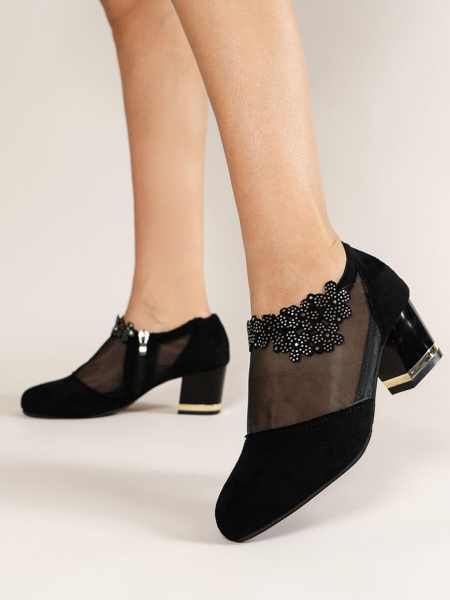 女士水鑽細節淺口高跟鞋網紗粗跟優雅高跟鞋黑色 - 黑色 - 查看 1