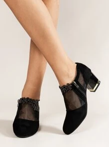 女士水鑽細節淺口高跟鞋網紗粗跟優雅高跟鞋黑色 - 黑色 - 查看 2