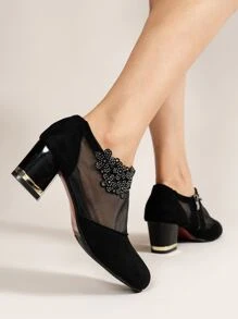 女士水鑽細節淺口高跟鞋網紗粗跟優雅高跟鞋黑色 - 黑色 - 查看 4