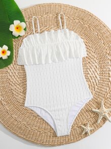 SHEIN Teen Girls Ruffle Trim One Piece Swimsuit - White - View 1