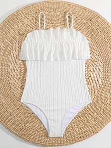 SHEIN Teen Girls Ruffle Trim One Piece Swimsuit - White - View 5