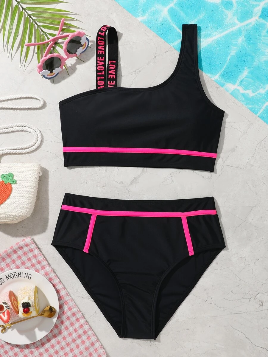 SHEIN 少女字母胶带比基尼套装夏日海滩