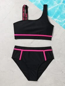 SHEIN 少女字母胶带比基尼套装夏日海滩