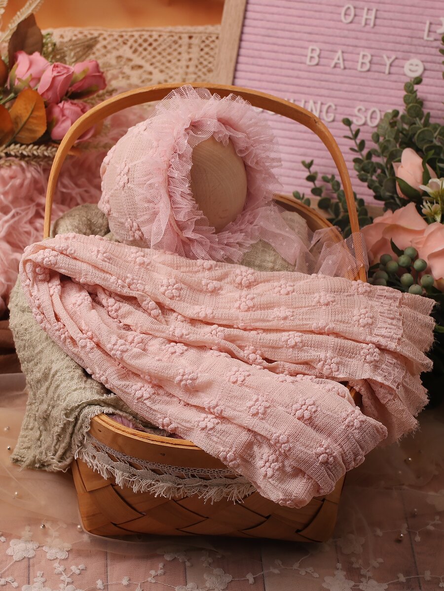 Recién nacido foto Manta & ribete con fruncido Sombrero - Rosa vieja - Ver 1