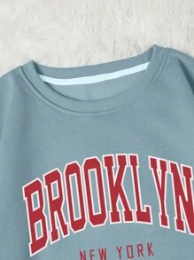 INAWLY 字母圖案加絨內裏運動衫 - 霧霾藍 - 查看 6